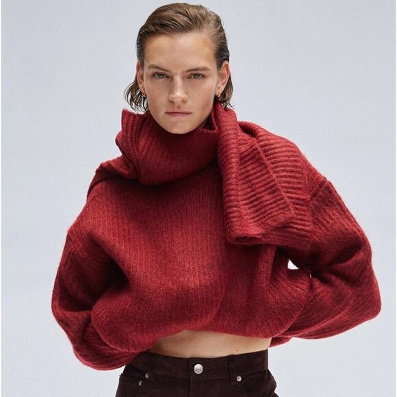 Thakoon Sweaters - Thakoon Scarf Sweater Red Cowl Neck Thick Chunky Alpaca